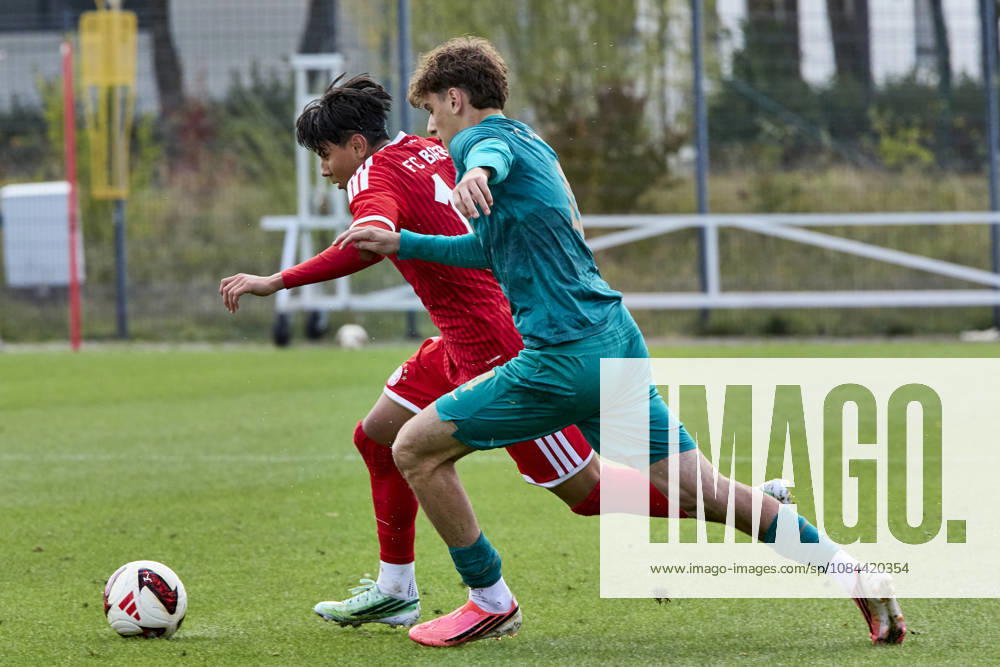 B-Junior Bundesliga DFB Youth League, FC Bayern Munich U17 vs. FC Augsburg U17, Munich FC Bayern, Munich FC Bayern U17, Augsburg FC, Augsburg FC U17, October 11, 2026, at the FC Bayern Campus in Munich NURAJ Skender, FC Bayern Munich U17, left defender, No. 11, FCB11, BUNJAKU Altor, FC Augsburg U17, center back, No. 4, FCA4, Sportworld, Munich, FC Bayern Campus, Bavaria, Germany