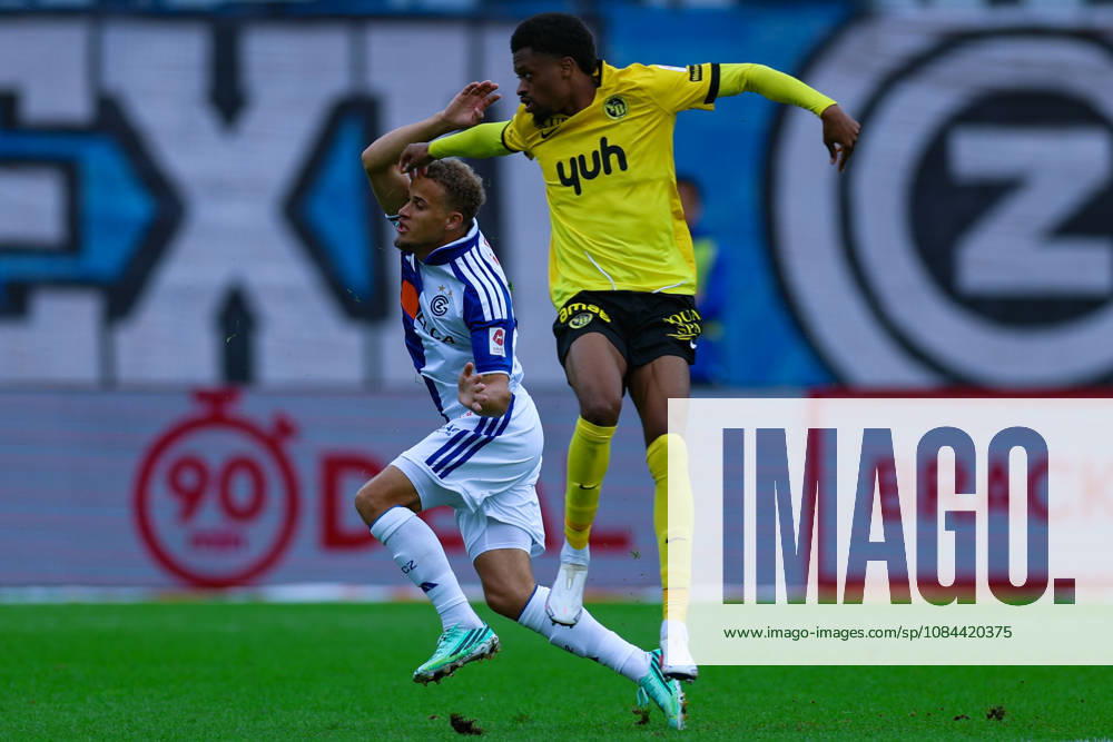 GC Zurich vs. BSC Young Boys, Brack Super League, October 11, 2026: Kenzo Goudmijn (24), Grasshopper Club Zurich, left, in a tackle with Alan Virginius (7), BSC Young Boys in the Brack Super League match between Grasshopper Club Zurich (GCZ) and BSC Young Boys (YB) on October 11, 2026, at Letzigrund Stadium in Zurich, Switzerland Zurich Letzigrund Stadium Zurich Switzerland
