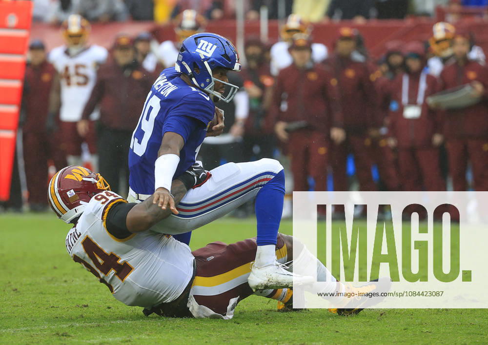 New York Giants QB 19 Jameis Winston is sacked by Washington Commanders NT 94 Daron Payne during the Washington Commanders game against the New York Giants at Northwest Stadium in Landover, MD. CSM Landover United States of America - ZUMAc04_ 20261011_zma_c04_059