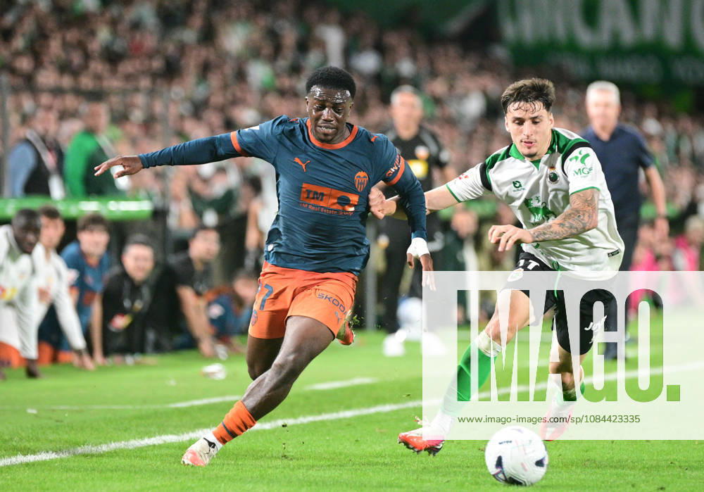 ESP LaLiga EA Sports: Racing Santander vs. Valencia CF — David Otorbi of Valencia CF and Jorge Salinas of Racing de Santander during the LaLiga EA Sports match between Racing Santander and Valencia CF, played at Campos de Sport de El Sardinero Stadium in Cantabria on October 11, 2026, in Spain — Spain Soccer