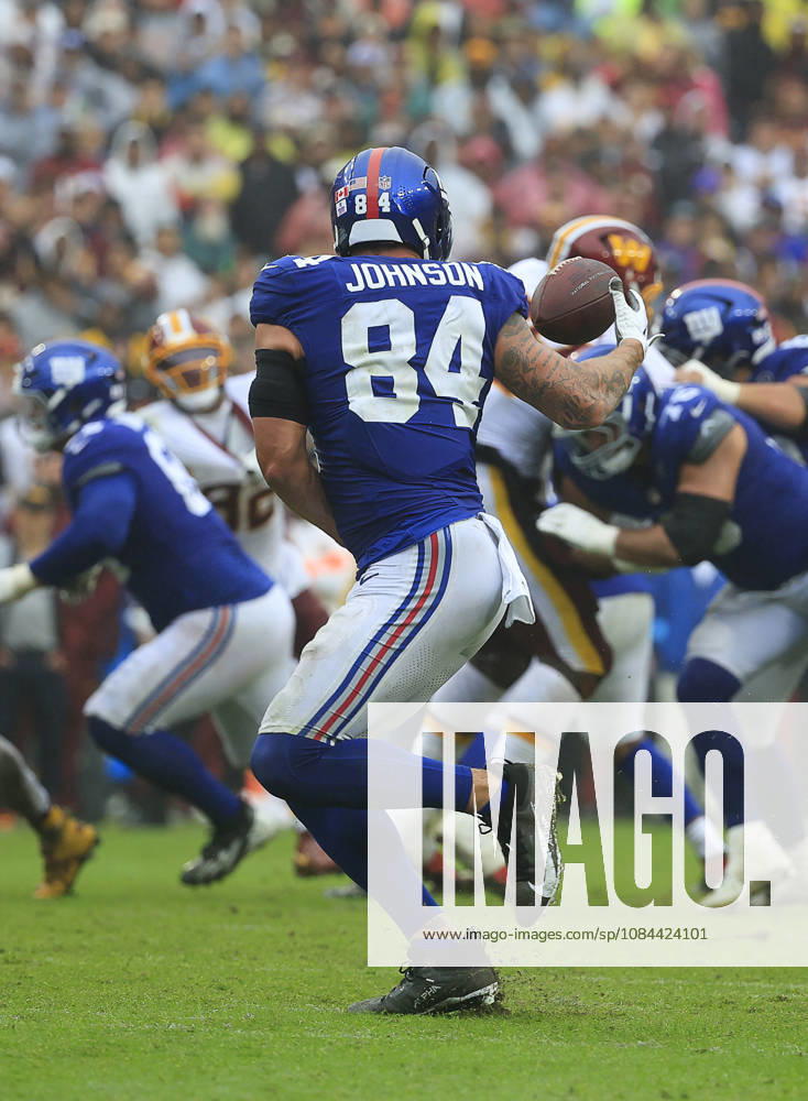 New York Giants TE 84 Theo Johnson catches a pass during the Washington Commanders game against the New York Giants at Northwest Stadium in Landover, MD. CSM NFL, American Football Herren, USA 2026: Washington Commanders Vs New York Giants OCT 11 - ZUMAc04_ 20261011_zma_c04_103