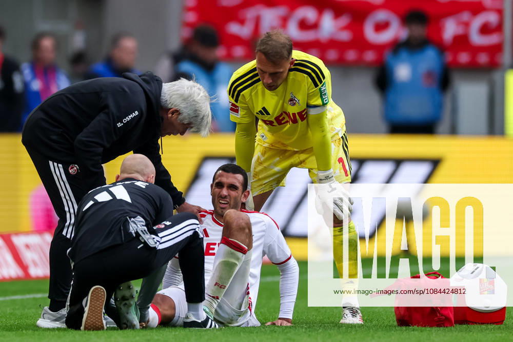 Ellyes Skhiri of 1. FC Koln receives medical attention during the Bundesliga 2026 27 match between 1. FC Koln and Borussia Monchengladbach at RheinEnergieStadion on October 11, 2026 in Cologne, Germany.