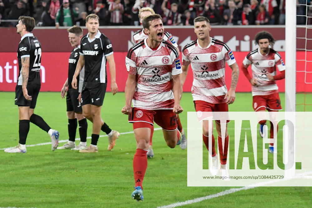 Tim Oberdorf of Düsseldorf 15 celebrates after scoring the goal to make it 1–0 on November 10, 2026 ¢ Soccer ¢ Fortuna Düsseldorf vs. SC Verl, Merkur Spiel Arena, Düsseldorf, DFB and DFL regulations prohibit any use of photographs as image sequences and or quasi-video. NRW, Germany