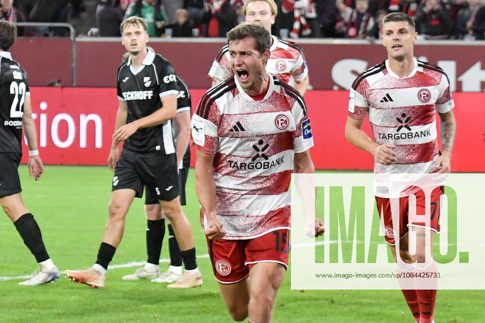 Tim Oberdorf of Düsseldorf 15 celebrates after scoring the goal to make it 1–0 on November 10, 2026 ¢ Soccer ¢ Fortuna Düsseldorf vs. SC Verl, Merkur Spiel Arena, Düsseldorf, DFB and DFL regulations prohibit any use of photographs as image sequences and or quasi-video. NRW, Germany