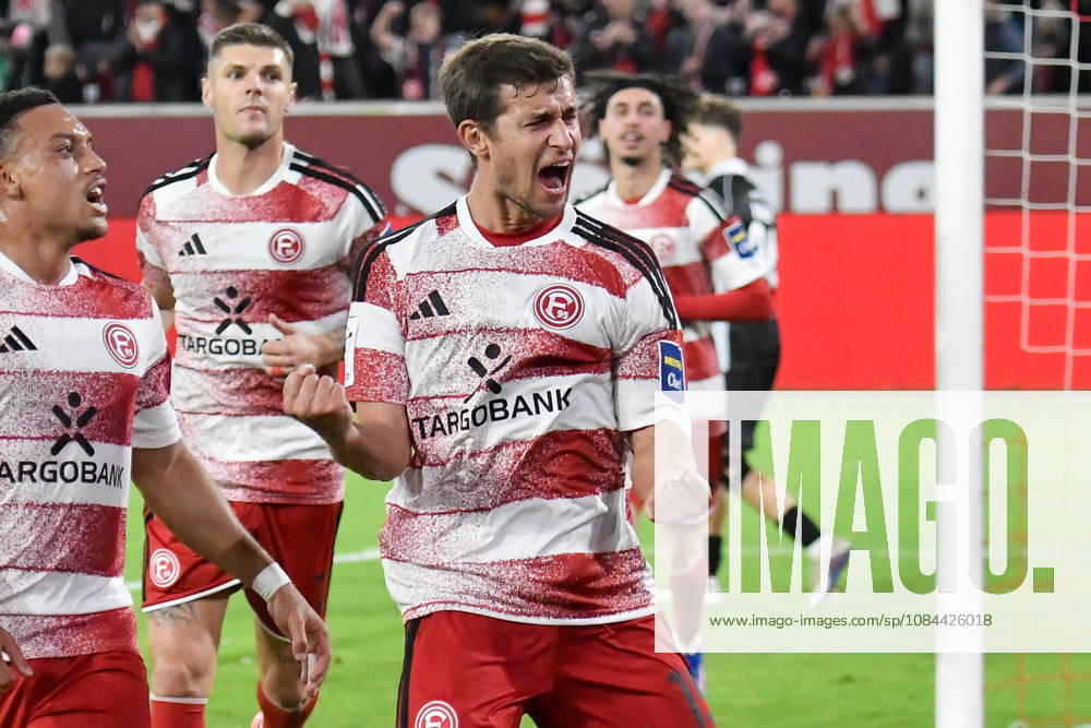 Tim Oberdorf of Düsseldorf 15 celebrates after scoring the goal to make it 1–0 on November 10, 2026 ¢ Soccer ¢ Fortuna Düsseldorf vs. SC Verl, Merkur Spiel Arena, Düsseldorf, DFB and DFL regulations prohibit any use of photographs as image sequences and or quasi-video. NRW, Germany