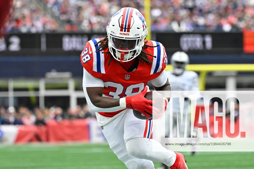 Oct 11, 2026; Foxborough, MA, USA; New England Patriots running back Rhamondre Stevenson (38) runs after making a catch against the Las Vegas Raiders during the first half at Gillette Stadium. Mandatory Credit: -Cal Media Foxborough USA - ZUMAc04_ 20261011_zma_c04_133