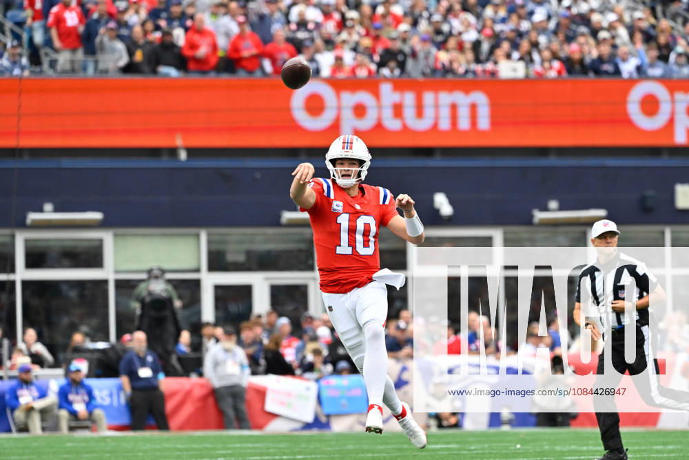 Oct 11, 2026; Foxborough, MA, USA; New England Patriots quarterback Drake Maye (10) throws a pass against the Las Vegas Raiders during the first half at Gillette Stadium. Mandatory Credit: -Cal Media Foxborough USA - ZUMAc04_ 20261011_zma_c04_147