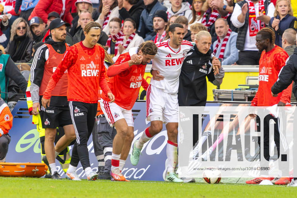 Ellyes Skhiri (KOE) is carried off the field injured, Cologne, Germany, October 11, 2026, Bundesliga 1, Matchday 5, 1. FC Köln vs. Borussia Mönchengladbach. DFL regulations prohibit any use of photographs as image sequences and or quasi-video.