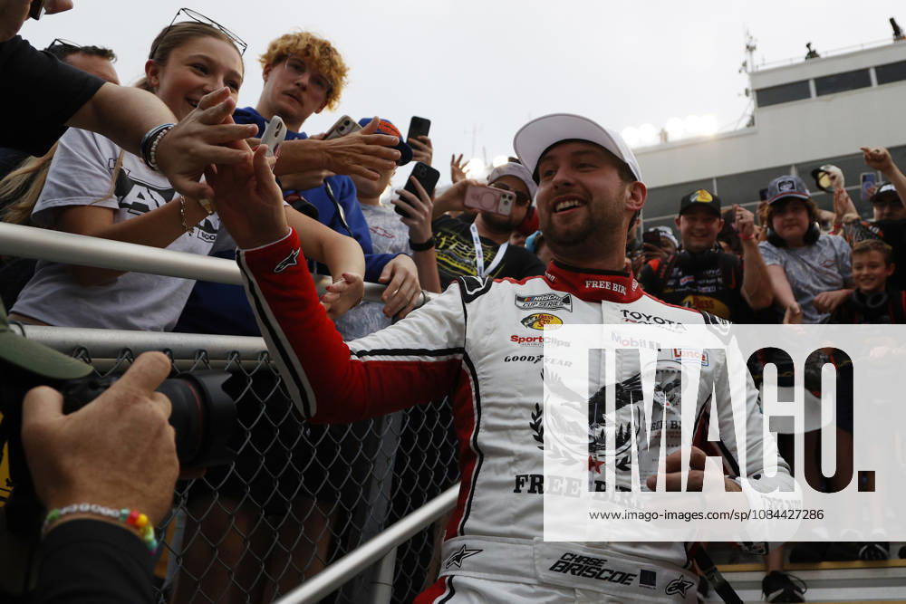 CHARLOTTE, NC - OCTOBER 11: Chase Briscoe ( 19 Joe Gibbs Racing Freebird Spring Water Toyota) celebrates after winning the NASCAR, Motorsport, USA Cup Series Playoffs Bank of America 400 race on October 11, 2026 at Charlotte Motor Speedway in Charlotte, NC. (Photo by Jeff Robinson Icon Sportswire) AUTO: OCT 11 NASCAR Cup Series Playoffs Bank of America 400 Icon2610112000400