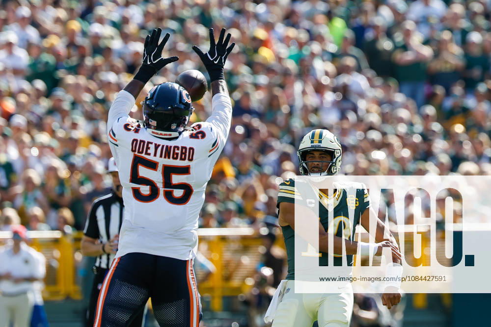 Oct 11, 2026; Green Bay, WI, USA; Green Bay Packers quarterback Jordan Love (10) passes the ball as Chicago Bears defensive end Dayo Odeyingbo (55) blocks it with his helmet during NFL, American Football Herren, USA game action at Lambeau Field. Mandatory Credit: -Cal Media NFL 2026: Bears Vs Packers OCT 11 - ZUMAc04_ 20261011_zma_c04_235