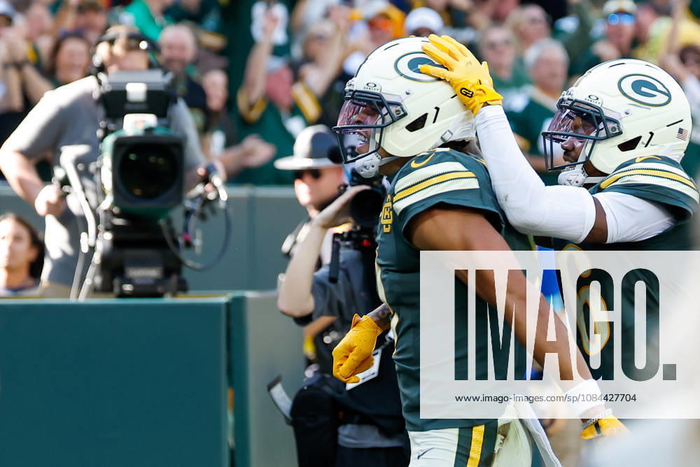 Oct 11, 2026; Green Bay, WI, USA; Green Bay Packers wide receiver Christian Watson (9) celebrates his 53 yard touchdown catch during NFL, American Football Herren, USA game action against the Chicago Bears at Lambeau Field. Mandatory Credit: -Cal Media NFL 2026: Bears Vs Packers OCT 11 - ZUMAc04_ 20261011_zma_c04_251