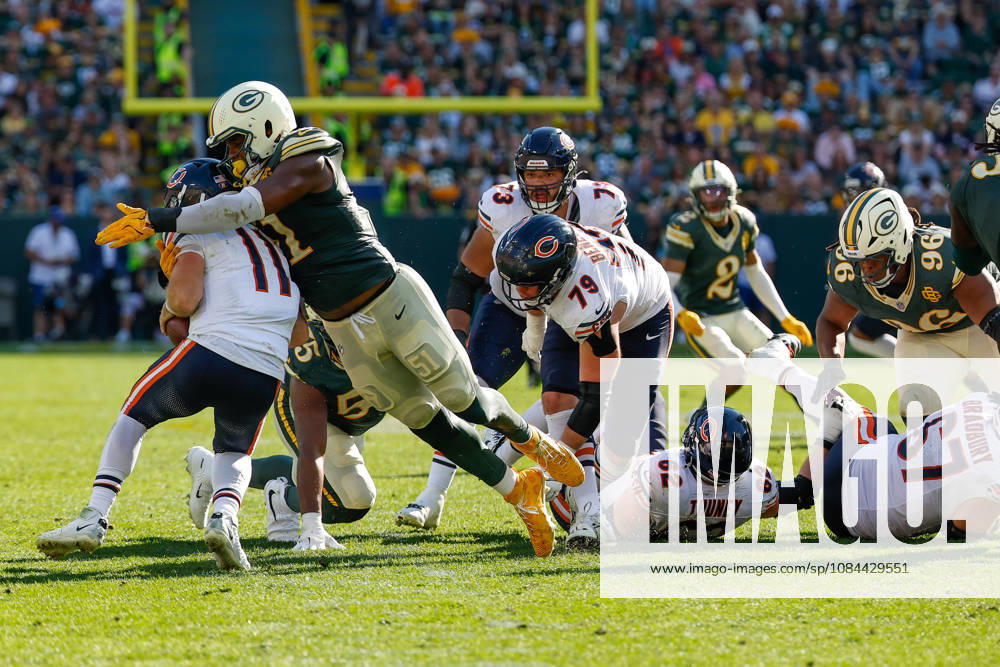 Oct 11, 2026; Green Bay, WI, USA; Green Bay Packers defensive end Dani Dennis-Sutton (51) sacks Chicago Bears quarterback Case Keenum (11) during NFL, American Football Herren, USA game action at Lambeau Field. Mandatory Credit: -Cal Media Green Bay USA - ZUMAc04_ 20261011_zma_c04_215