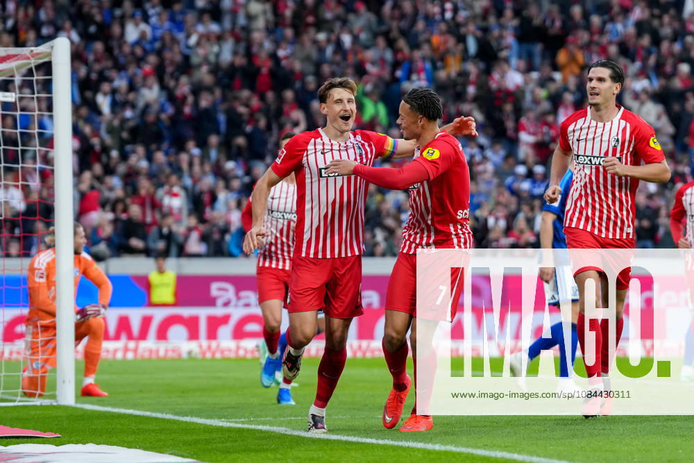 Maximilian Eggestein (SC Freiburg, 08) and Derry Scherhant (SC Freiburg, 07) – goal celebration, emotions, shot on goal, finish, goal scored, goal, hit, Germany, soccer, Bundesliga 1, Matchday 5, 2026–2027, SC Freiburg vs. FC Schalke 04, October 11, 2026, Europa-Park Stadium, Freiburg, Baden-Württemberg, Germany