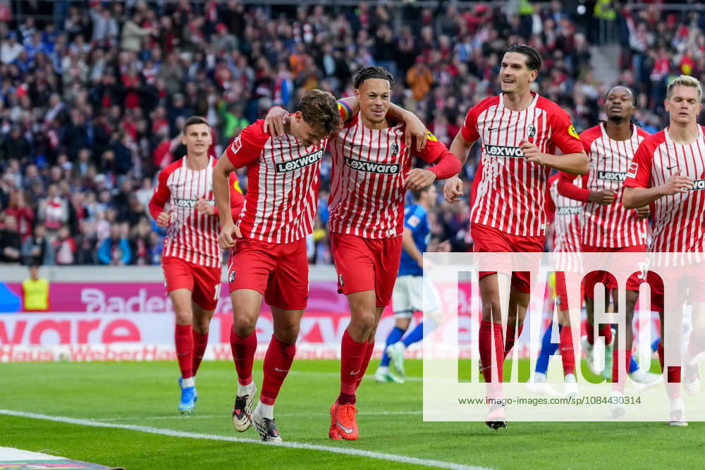 Maximilian Eggestein, SC Freiburg, 08, and Derry Scherhant, SC Freiburg, 07 Goal celebration, Emotions, Shot on goal, Finish, Goal scored, Goal, Igor Matanovic, SC Freiburg, 31, Germany, Soccer, Bundesliga 1, Matchday 5, 2026–2027, SC Freiburg vs. FC Schalke 04, October 11, 2026, Europa-Park Stadium, Freiburg, Freiburg, Europa-Park Stadium, Baden-Württemberg, Germany