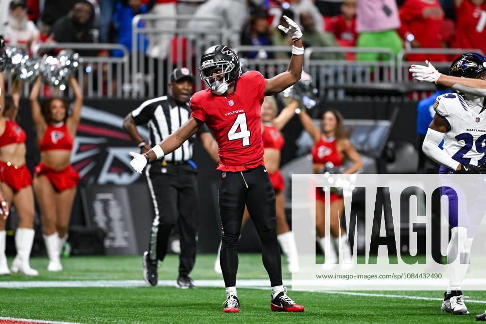 ATLANTA, GA - OCTOBER 11: Atlanta wide receiver Jahan Dotson (4) reacts after a reception during the NFL, American Football Herren, USA game between the Baltimore Ravens and the Atlanta Falcons on October 11th, 2026 at Mercedes-Benz Stadium in Atlanta, GA. (Photo by Rich von Biberstein Icon Sportswire) NFL: OCT 11 Ravens at Falcons Icon261011014