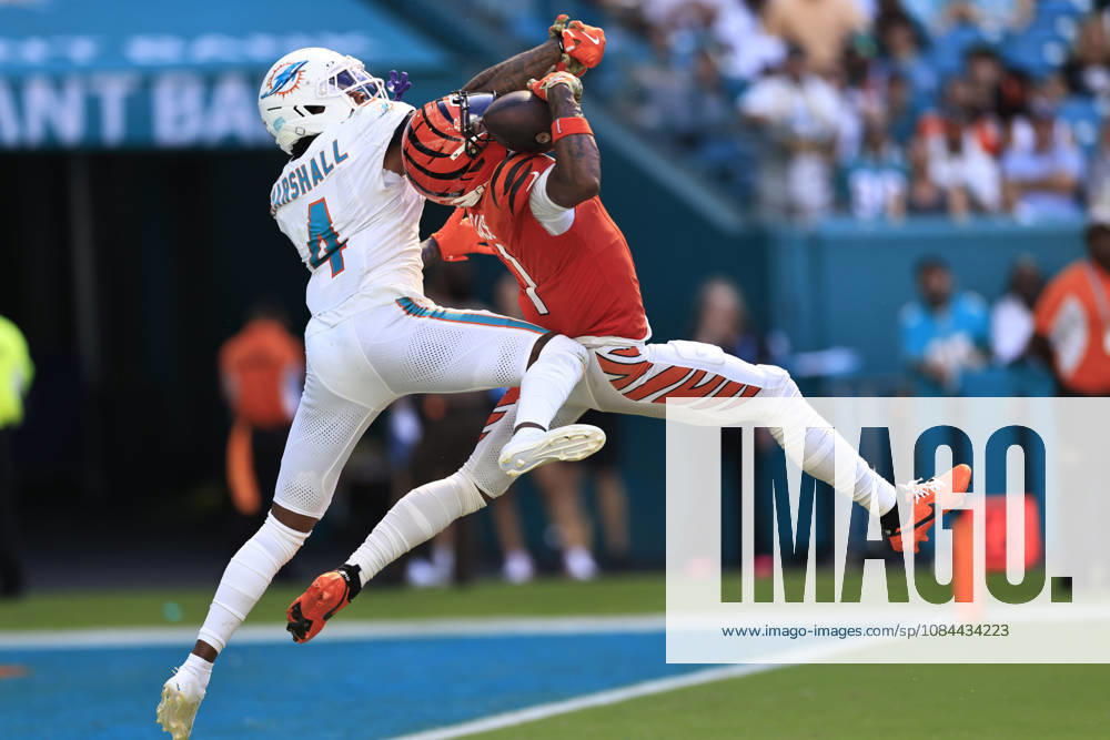 Cincinnati Bengals wide receiver Ja marr Chase (1) makes a reception for a touchdown while covered by Miami Dolphins cornerback Jason Marshall Jr. during an NFL, American Football Herren, USA game on Sunday, October 11, 2026 at the Hard Rock Stadium. The Bengals beat the Dolphins 31-24. Miami Gardens United States - ZUMAh180 20261011_zsp_h180_084
