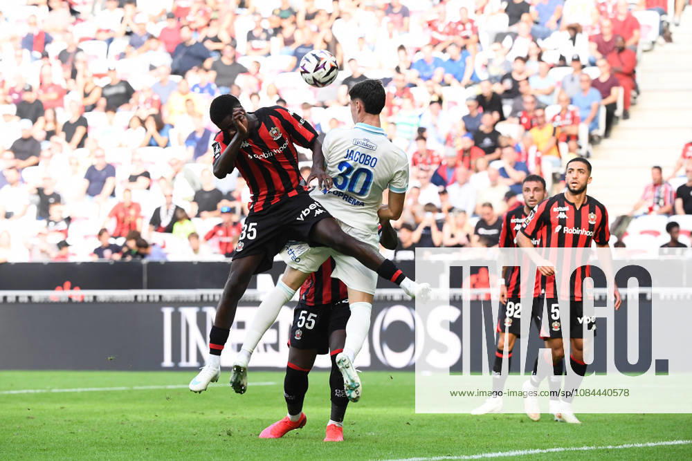 OGC Nice v RC Strasbourg Alsace - Ligue 1 McDonald s 2026 2027 Jacobo ORTEGA of RC Strasbourg and Xavier Mandza TSIENDI of Nice during Ligue 1 McDonald s match between Nice and Strasbourg at Allianz Riviera Stadium on October 11, 2026 in Nice, France. Nice France
