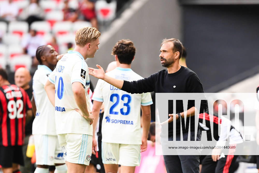 OGC Nice v RC Strasbourg Alsace - Ligue 1 McDonald s 2026 2027 Hugo OLIVEIRA Head Coach of RC Strasbourg and Conrad HARDER of Strasbourg during Ligue 1 McDonald s match between Nice and Strasbourg at Allianz Riviera Stadium on October 11, 2026 in Nice, France. Nice France