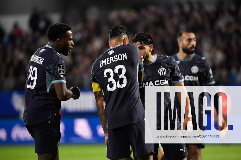 ESTAC Troyes v Olympique de Marseille - Ligue 1 McDonald s 2026 2027 Faris MOUMBAGNA of Marseille , Emerson PALMIERI of Olympique de Marseille and Neal MAUPAY of Olympique de Marseille during Ligue 1 McDonald s match between Troyes and Marseille at Stade de l Aube on October 11, 2026 in Troyes, France. Troyes France
