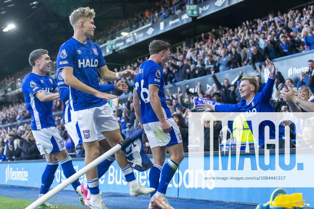 Dara O Shea of Ipswich Town celebrates scoring his team s second goal with supporters during the Premier League 2026 27 match between Ipswich Town and Fulham at Portman Road on October 10, 2026 in Ipswich, England.
