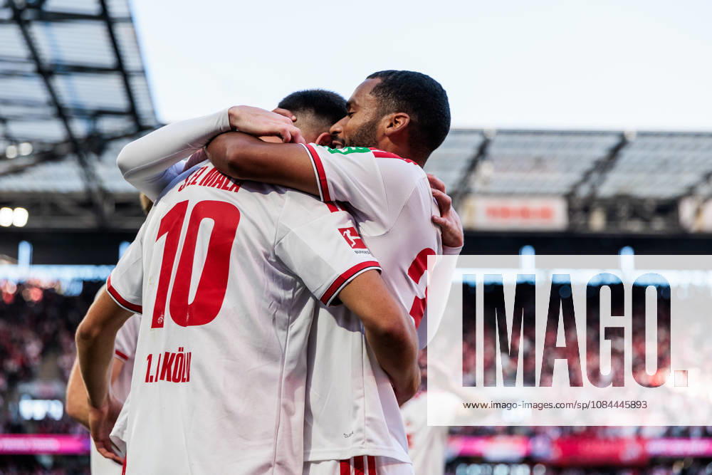 Said El Mala (1. FC Koeln, 10) celebrates scoring the 2:1 goal with Linton Maina (1. FC Koeln, 37) during the Bundesliga match between 1. FC Koeln vs. Borussia Moenchengladbach at Rheinenergie-Stadion on matchday 5 of the 1. Bundesliga on October 11, 2026 in Koeln, Germany. DFL REGULATIONS PROHIBIT ANY USE OF PHOTOGRAPHS AS IMAGE SEQUENCES AND OR QUASI-VIDEO. North Rhine Westphalia Germany