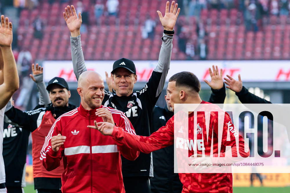 Rene Wagner (Head Coach 1. FC Koeln) and Said El Mala (1. FC Koeln, 10) celebrating the derby win after the Bundesliga match between 1. FC Koeln vs. Borussia Moenchengladbach at Rheinenergie-Stadion on matchday 5 of the 1. Bundesliga on October 11, 2026 in Koeln, Germany. DFL REGULATIONS PROHIBIT ANY USE OF PHOTOGRAPHS AS IMAGE SEQUENCES AND OR QUASI-VIDEO. North Rhine Westphalia Germany