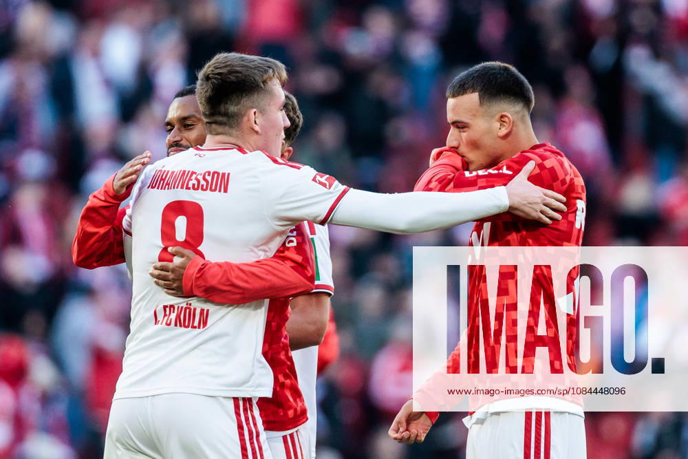 Isak Johannesson (1. FC Koeln, 8) and Said El Mala (1. FC Koeln, 10) hug after the final whistle and win of the Bundesliga match between 1. FC Koeln vs. Borussia Moenchengladbach at Rheinenergie-Stadion on matchday 5 of the 1. Bundesliga on October 11, 2026 in Koeln, Germany. DFL REGULATIONS PROHIBIT ANY USE OF PHOTOGRAPHS AS IMAGE SEQUENCES AND OR QUASI-VIDEO. North Rhine Westphalia Germany