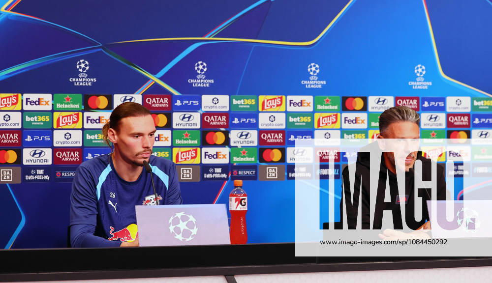 RB Leipzig Champions League Press Conference, Leipzig, October 12, 2026, RB Academy, UEFA Champions League, RB Leipzig press conference on the day before the RB Leipzig vs. PSV Eindhoven match. Pictured: Goalkeeper Maarten Vandevoordt, 26, RB Leipzig, and Coach Martin Demichelis, RB Leipzig, Picture Point
