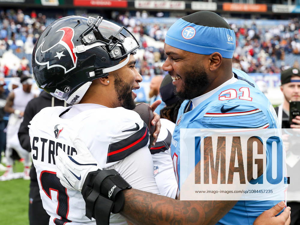 Oct 11, 2026; Nashville, TN, USA; Houston Texans quarterback C.J. Stroud (7) talks with Tennessee Titans defensive end John Franklin-Myers (91) on the field after the NFL, American Football Herren, USA regular season game between the Houston Texans and Tennessee Titans at Nissan Stadium. Mandatory Credit: -Cal Media NFL 2026: Texans Vs Titans OCT 11 - ZUMAc04_ 20261011_zma_c04_292