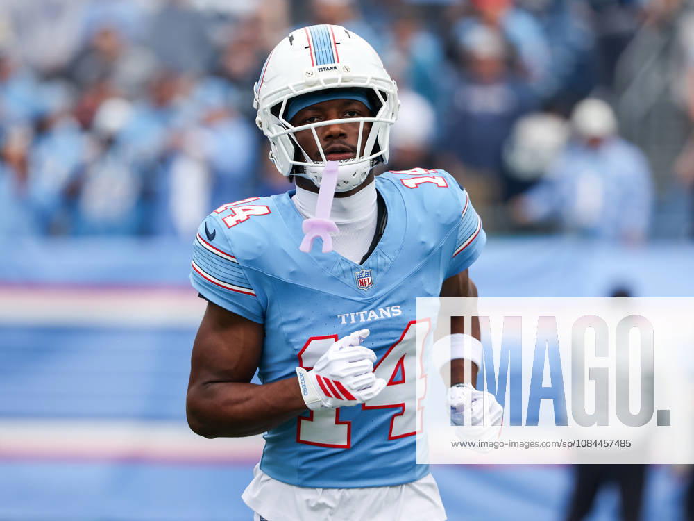 Oct 11, 2026; Nashville, TN, USA; Tennessee Titans wide receiver Carnell Tate (14) runs onto the field prior to the NFL, American Football Herren, USA regular season game between the Houston Texans and Tennessee Titans at Nissan Stadium. Mandatory Credit: -Cal Media Nashville USA - ZUMAc04_ 20261011_zma_c04_336