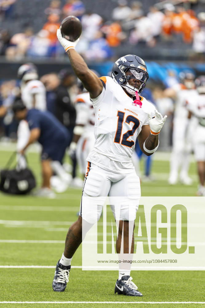 Denver Broncos Running Back RJ Harvey (12) warms up before an NFL, American Football Herren, USA football game against Los Angeles Chargers, in Inglewood, Calif. on Sunday Oct. 11, 2026. Inglewood USA - ZUMAc68_ 20261011_zaf_c68_049