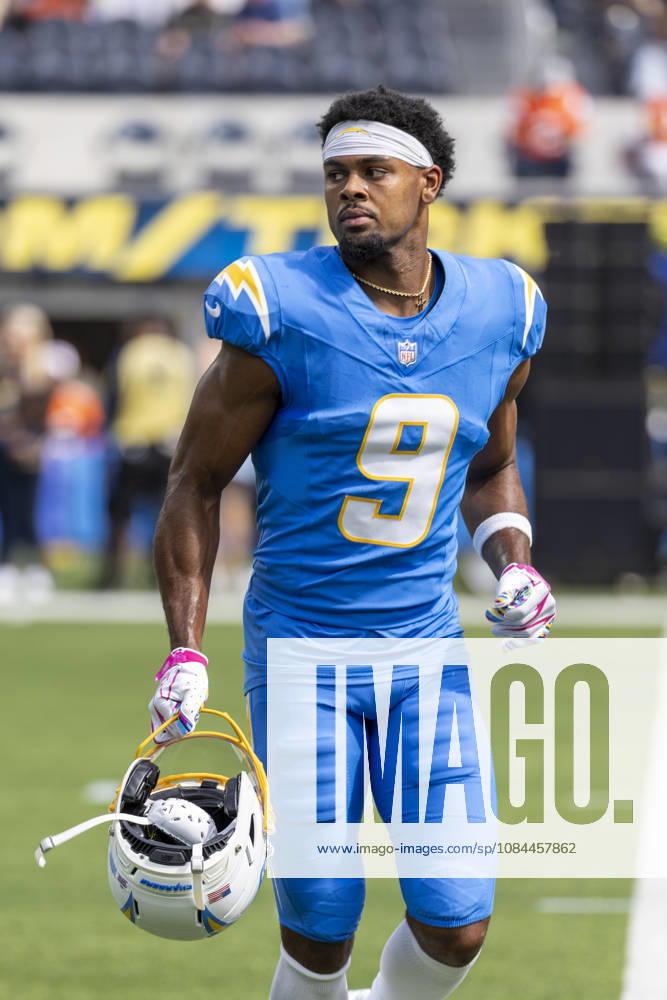Los Angeles Chargers wide receiver Tre Harris (9) warms up before an NFL, American Football Herren, USA football game against Denver Broncos, in Inglewood, Calif. on Sunday Oct. 11, 2026. NHL, Eishockey Herren, USA 2026: LA Chargers Vs Denver Broncos - ZUMAc68_ 20261011_zaf_c68_058