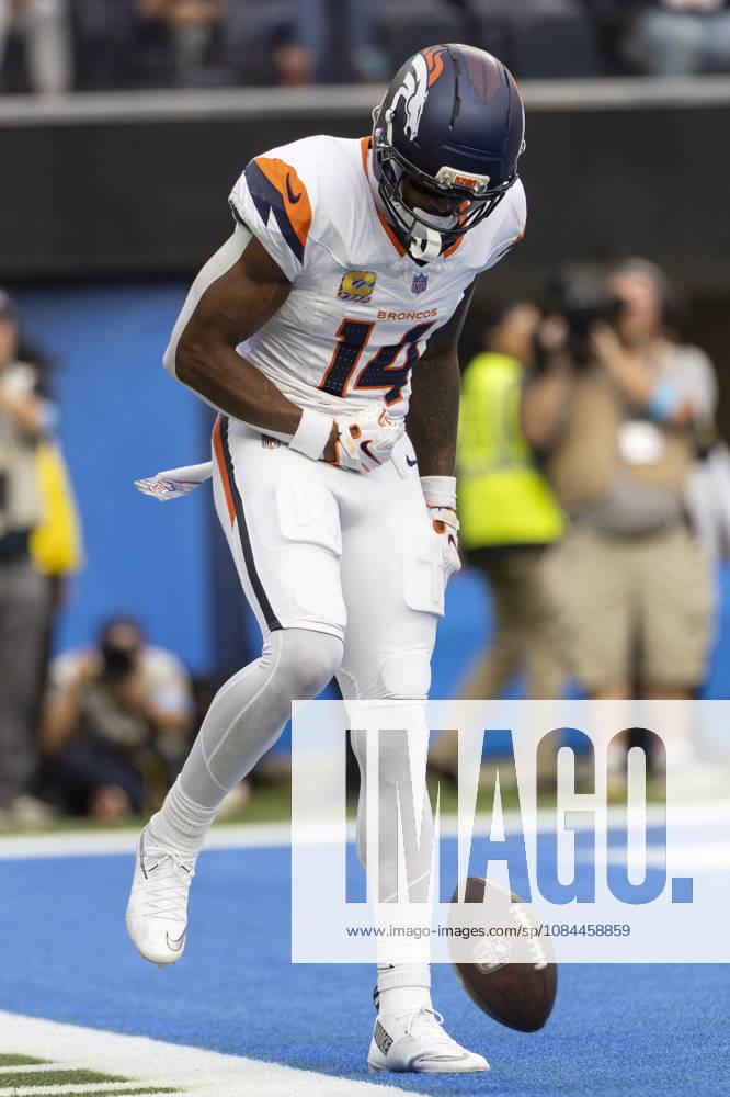 Denver Broncos Wide Receiver Courtland Sutton (14) reacts after scoring against Los Angeles Chargers during an NFL, American Football Herren, USA football game, in Inglewood, Calif. on Sunday Oct. 11, 2026. Inglewood USA - ZUMAc68_ 20261011_zaf_c68_139