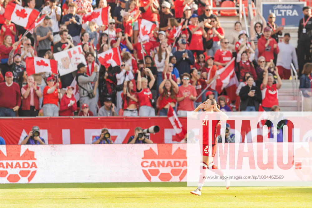 Delaney Baie Pridham of Canada celebrates their team s first goal during the Women’s International Friendly, Länderspiel, Nationalmannschaft match between Canada and Denmark on October 12th, 2026 in BMO Field, Toronto, Ontario, Canada