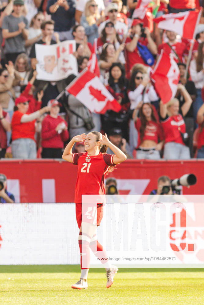 Delaney Baie Pridham of Canada celebrates their team s first goal during the Women’s International Friendly, Länderspiel, Nationalmannschaft match between Canada and Denmark on October 12th, 2026 in BMO Field, Toronto, Ontario, Canada