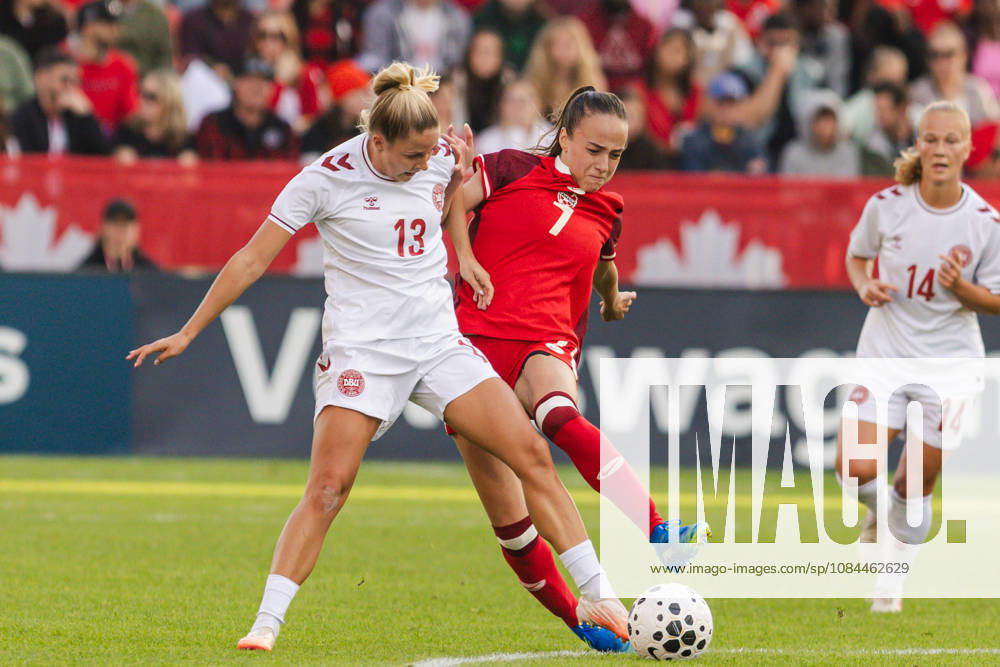 Julia Grosso of Canada challenges Olivia Holdt of Denmark during the Women’s International Friendly, Länderspiel, Nationalmannschaft match between Canada and Denmark on October 12th, 2026 in BMO Field, Toronto, Ontario, Canada