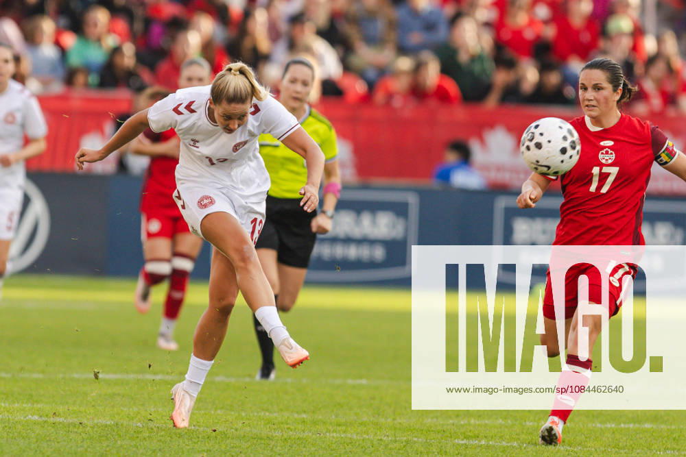 Olivia Holdt of Denmark scores their team s first goal during the Women’s International Friendly, Länderspiel, Nationalmannschaft match between Canada and Denmark on October 12th, 2026 in BMO Field, Toronto, Ontario, Canada