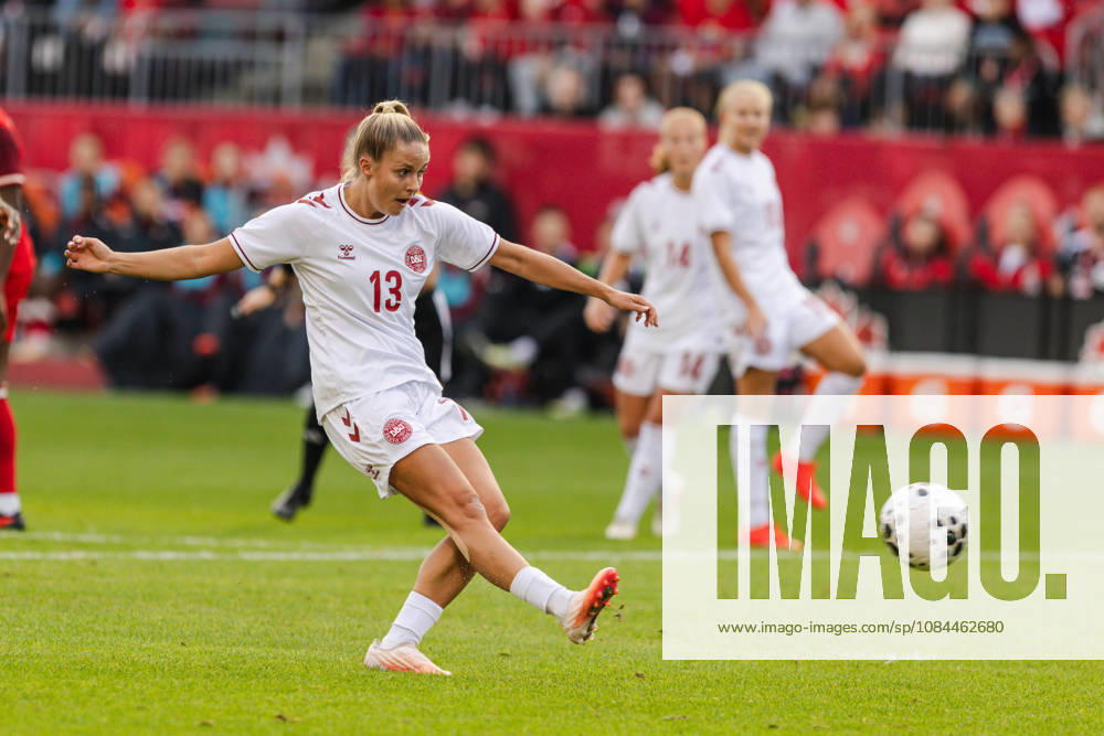 Olivia Holdt of Denmark scores their team s third goal during the Women’s International Friendly, Länderspiel, Nationalmannschaft match between Canada and Denmark on October 12th, 2026 in BMO Field, Toronto, Ontario, Canada