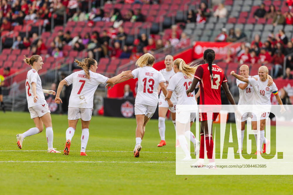 Olivia Holdt of Denmark celebrates their team s third goal during the Women’s International Friendly, Länderspiel, Nationalmannschaft match between Canada and Denmark on October 12th, 2026 in BMO Field, Toronto, Ontario, Canada