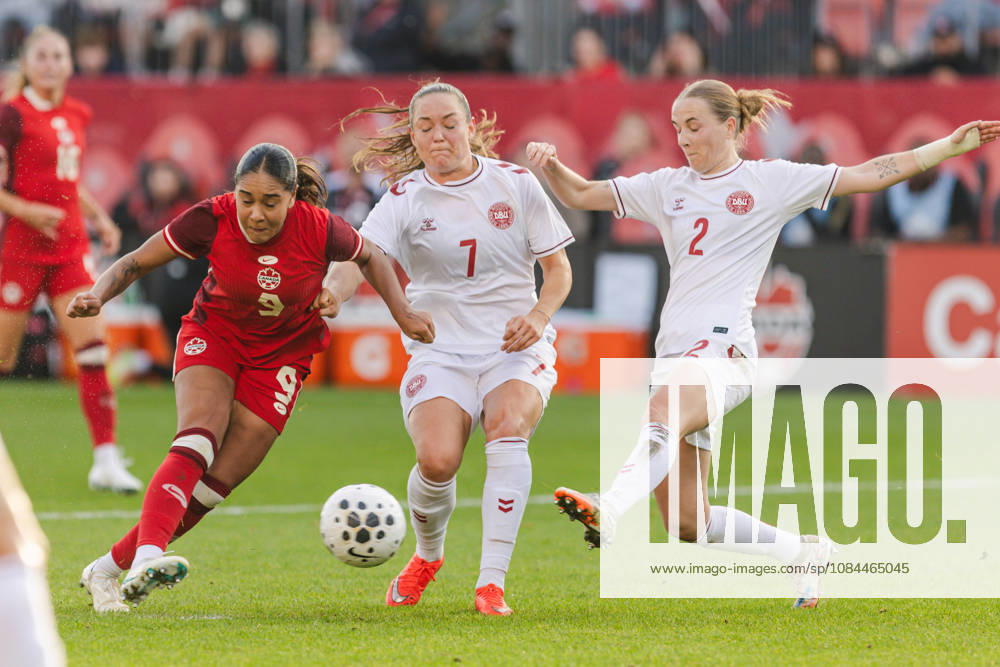 Sara Thrige of Denmark attempts to block the shot from Olivia Smith of Canada during the Women’s International Friendly, Länderspiel, Nationalmannschaft match between Canada and Denmark on October 12th, 2026 in BMO Field, Toronto, Ontario, Canada