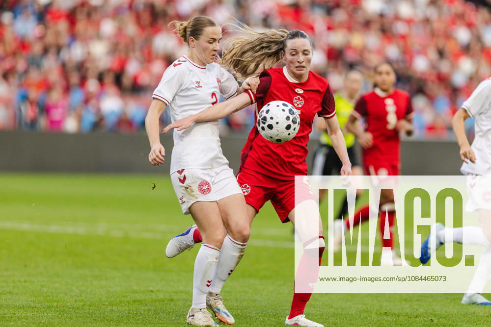 Gabrielle Carle of Canada challenges Sara Thrige of Denmark during the Women’s International Friendly, Länderspiel, Nationalmannschaft match between Canada and Denmark on October 12th, 2026 in BMO Field, Toronto, Ontario, Canada