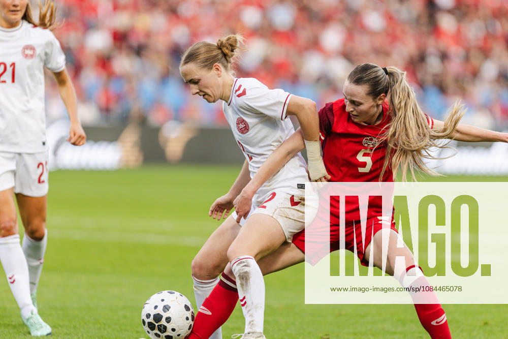 Gabrielle Carle of Canada challenges Sara Thrige of Denmark during the Women’s International Friendly, Länderspiel, Nationalmannschaft match between Canada and Denmark on October 12th, 2026 in BMO Field, Toronto, Ontario, Canada