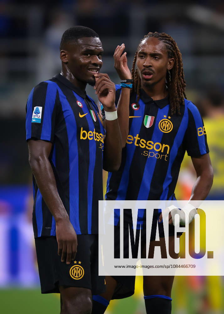 FC Internazionale v Parma Calcio 1913 - Serie A - Season 2026-2027 Milan, Italy, 10th October 2026. Djed Spence of FC Internazionale reacts with team mate Ange-Yoan Bonny following the FC Internazionale vs Parma Calcio 1913 Serie A match at Giuseppe Meazza, Milan. Picture credit should read: Jonathan Moscrop Milan Stadio Giuseppe Meazza Italy