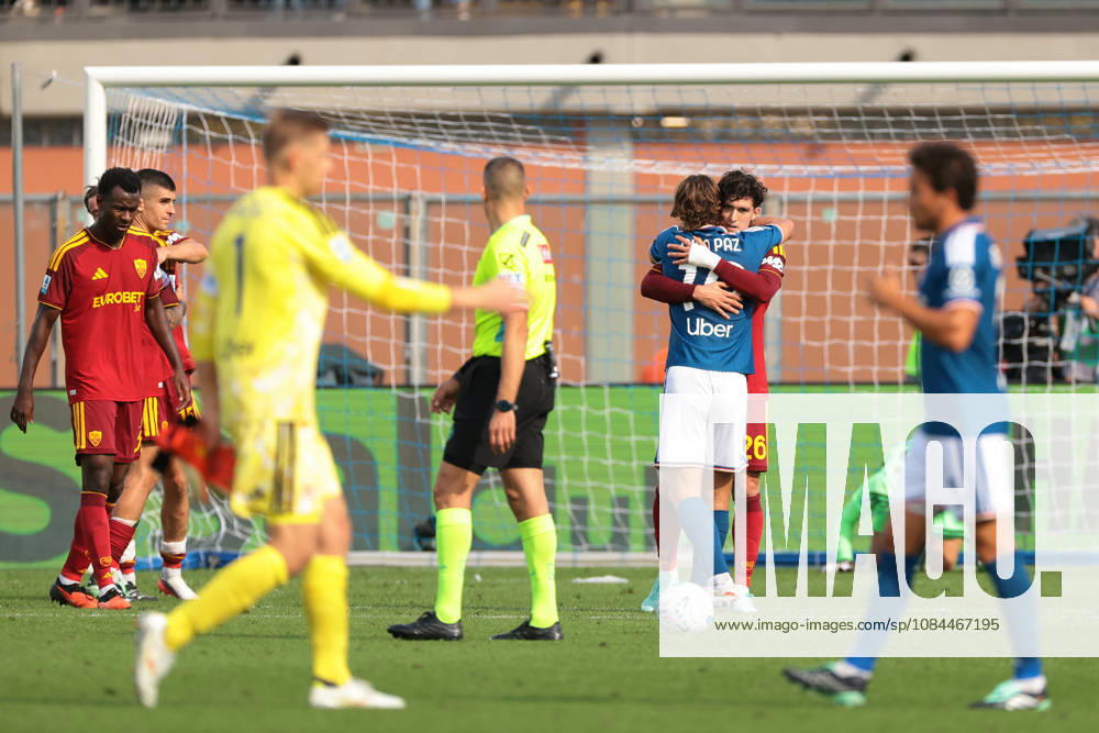 Como 1907 v AS Roma - Serie A - Season 2026-2027 Como, Italy, 11th October 2026. Nico Paz of Como 1907 and Leonardo Balerdi of AS Roma embrace following the Como 1907 vs AS Roma Serie A match at Stadio Giuseppe Sinigaglia, Como. Picture credit should read: Jonathan Moscrop Como Stadio Giuseppe Sinigaglia Italy