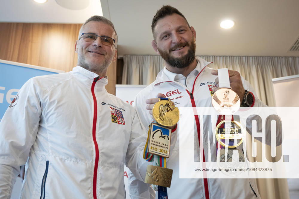 Czech judoka Lukas Krpalek, right, presented his complete collection of six World Championship, WM, Weltmeisterschaft medals at the press conference, PK, Pressekonferenz in Prague, Czech Republic, on October 13, 2026. On the left side is seen coach Petr Lacina. (CTKxPhoto KaterinaxSulova) CTKPhotoP2026101302892 CTKPhotoP2026101302892