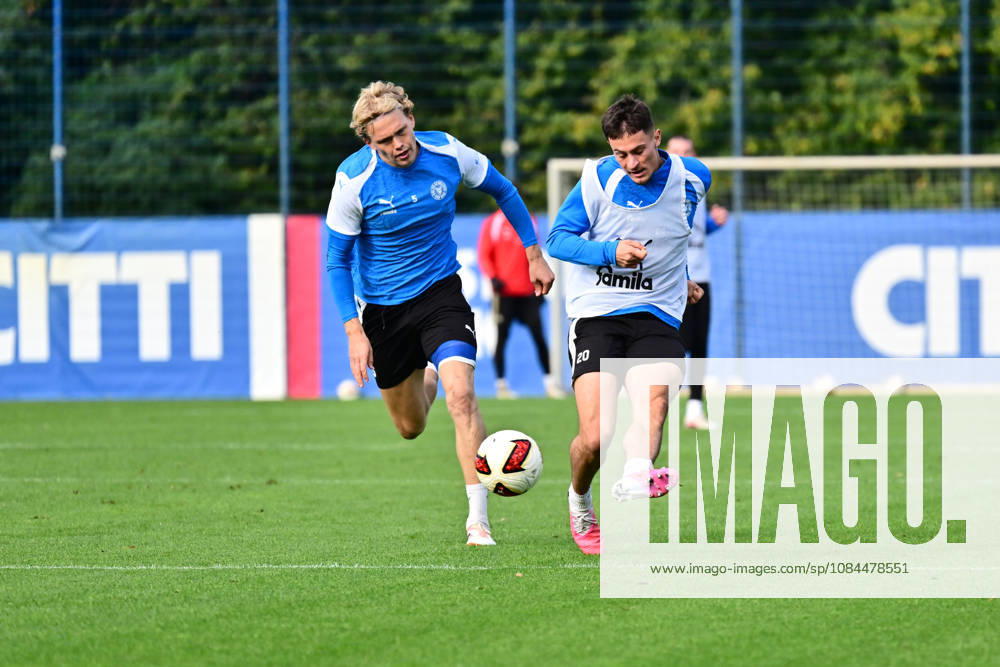 Soccer, Men s, 2nd Bundesliga, 2026–2027 Season, Holstein Kiel Practice, KSV Adrian Kapralik takes a shot against Noah Madsen in Kiel, near Holstein Stadium Projensdorf, Training Center, Northern Schleswig-Holstein, Germany