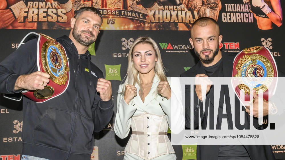Pictured, from left: Roman Fress, boxer and model Tatjana Genrich (atomweight), Armend Xhoxhaj, GER, Magdeburg, SES, First press conference ahead of the SES Boxing Gala on Saturday, November 14, 2026, Magdeburg Exhibition Center, October 13, 2026,
