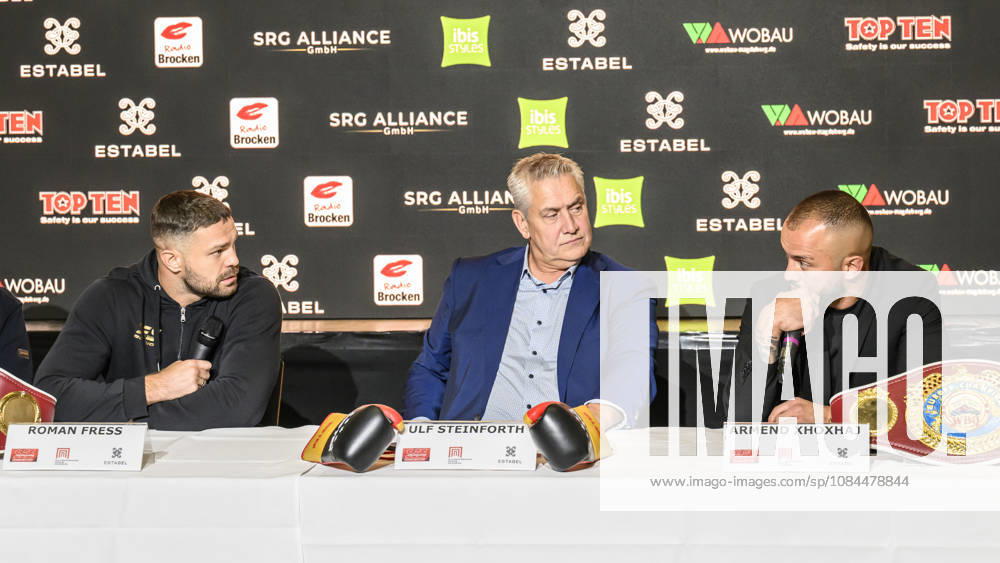 Pictured, from left: Roman Fress, Ulf Steinforth—SES promoter, Armend Xhoxhaj—WBO Europe champion; arguing, talking, speaking, GER, Magdeburg, SES, First press conference ahead of the SES Boxing Gala on Saturday, November 14, 2026, Magdeburg Exhibition Center, October 13, 2026,