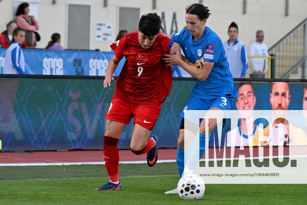 Kader Hancar of Turkey (L) in action against Sara Agrez of Slovenia (R) during the UEFA Women’s European Qualifiers for 2027 World Cup Play-offs Round 1, 2nd leg match between Slovenia and Turkey at Sports Park Domzale, Domzale on October 13, 2026 in Domzale, Slovenia. (Photo by Igor Kupljenik Sports Press Photo).