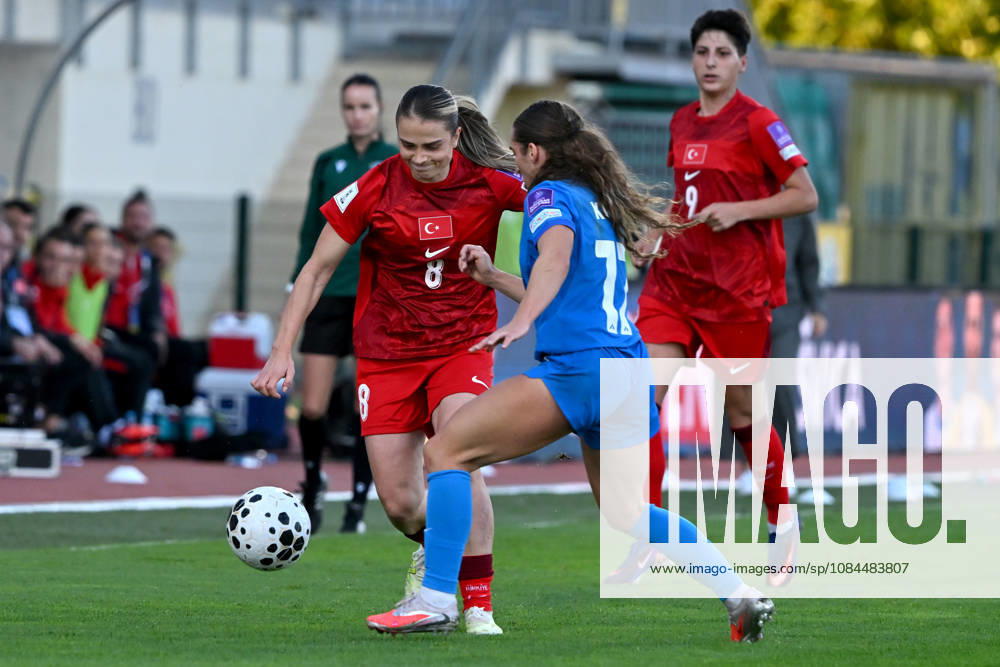 Melike Pekel of Turkey (L) in action against Izabela Krizaj of Slovenia (C) during the UEFA Women’s European Qualifiers for 2027 World Cup Play-offs Round 1, 2nd leg match between Slovenia and Turkey at Sports Park Domzale, Domzale on October 13, 2026 in Domzale, Slovenia. (Photo by Igor Kupljenik Sports Press Photo).